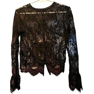 Black lace bell sleeve semi sheer whisigoth button front shirt